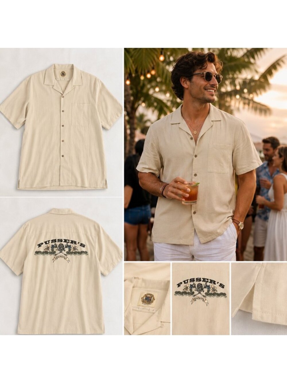 Pussers West Indies  Shirt Large Beige Short-Sleeve Silk Cotton Button-Up Resort